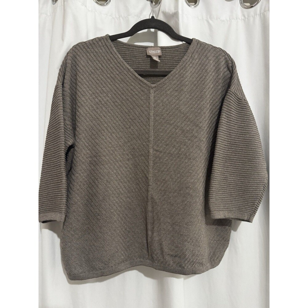 Chico's Taupe Textured Rib-Knit V-Neck 3/4 Sleeve Pullover Sweater Size 2